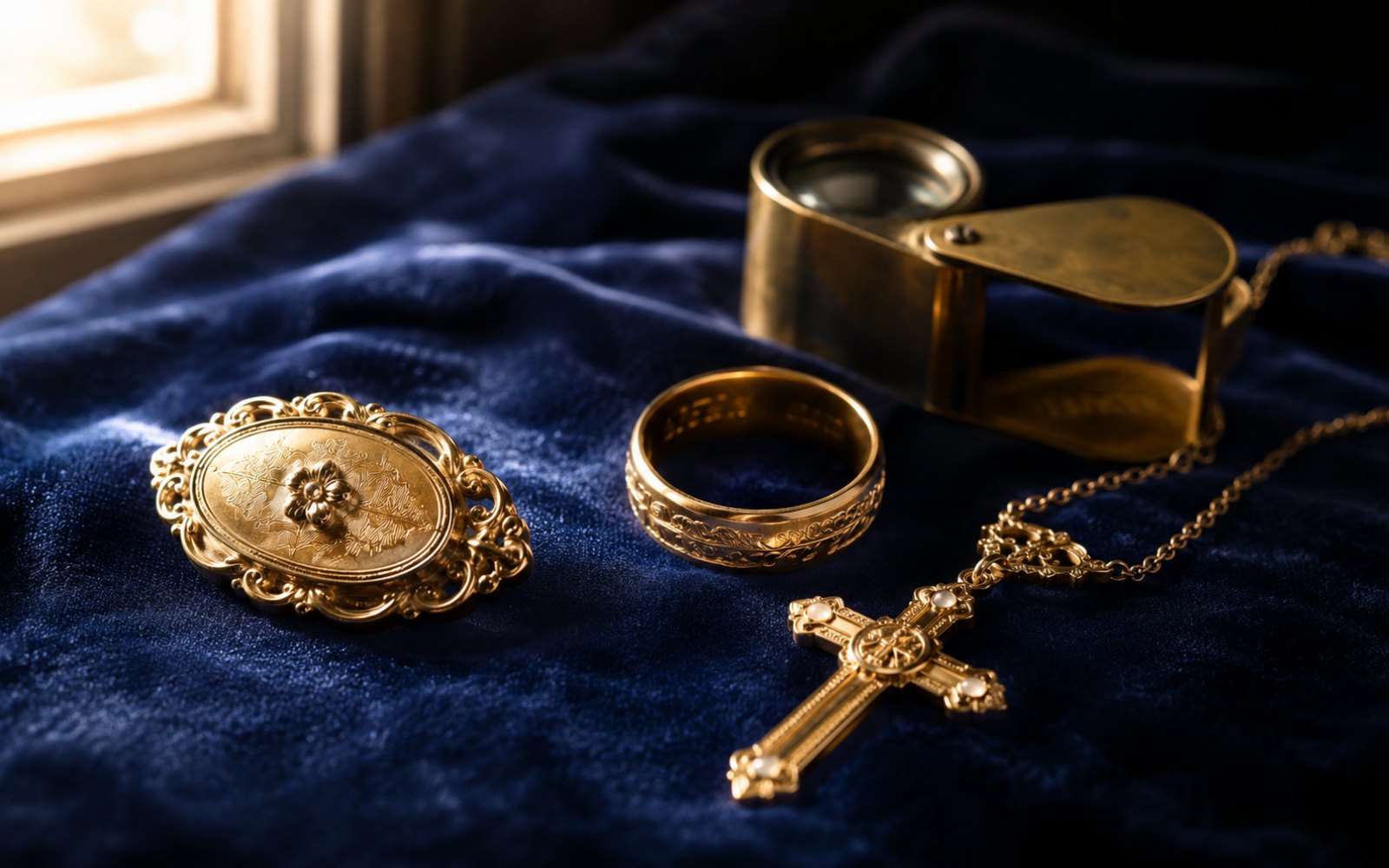 Antike Brosche, gravierter Trauring und Goldcollier auf Samt-Tableau in einem Haus in Bottrop-Kirchhellen, Bewertungslupe und Tageslicht.