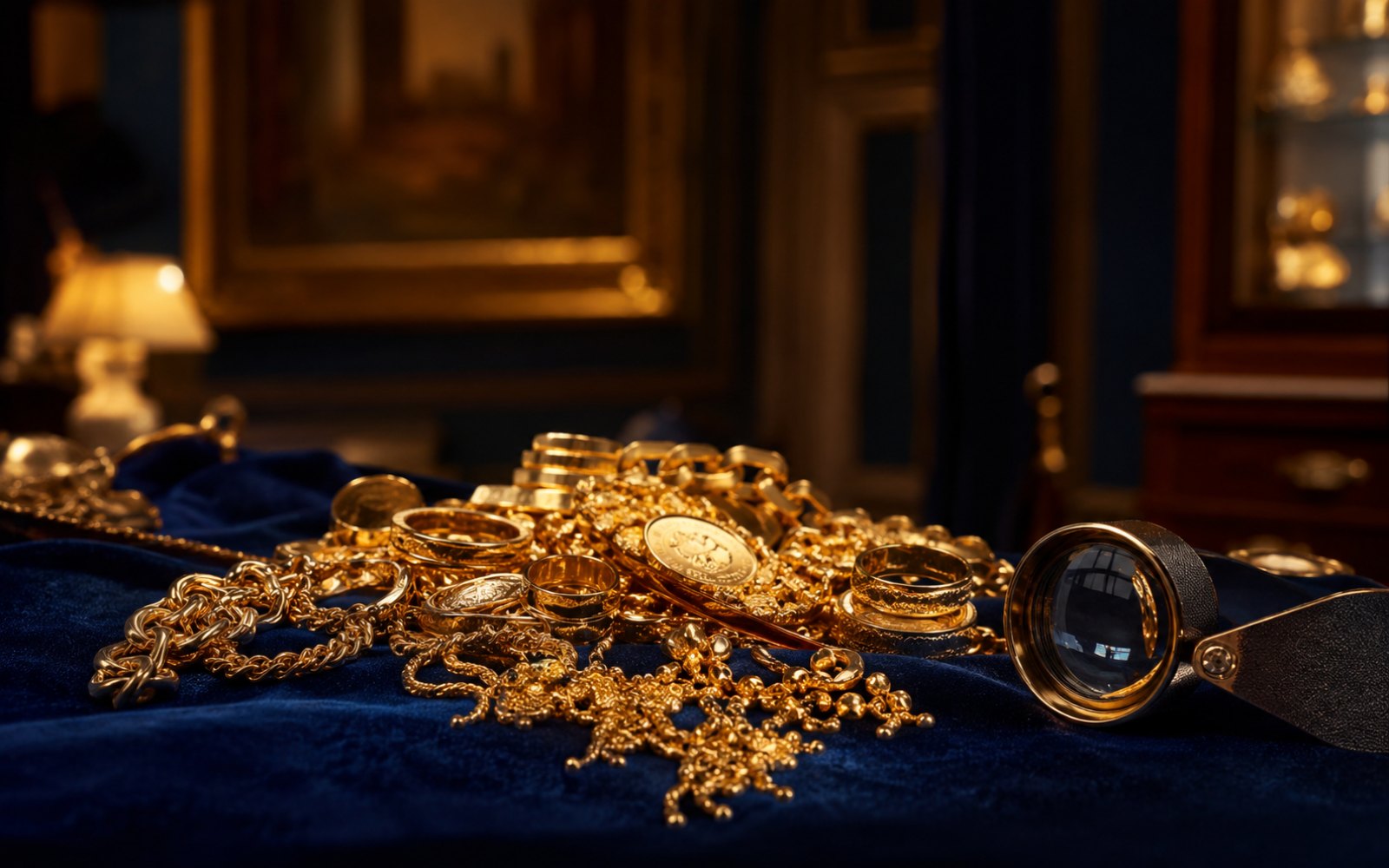 Brillantring, antike Brosche und Goldcollier auf Samt-Tableau in einem brandenburgischen Landhaus, Bewertungslupe daneben.