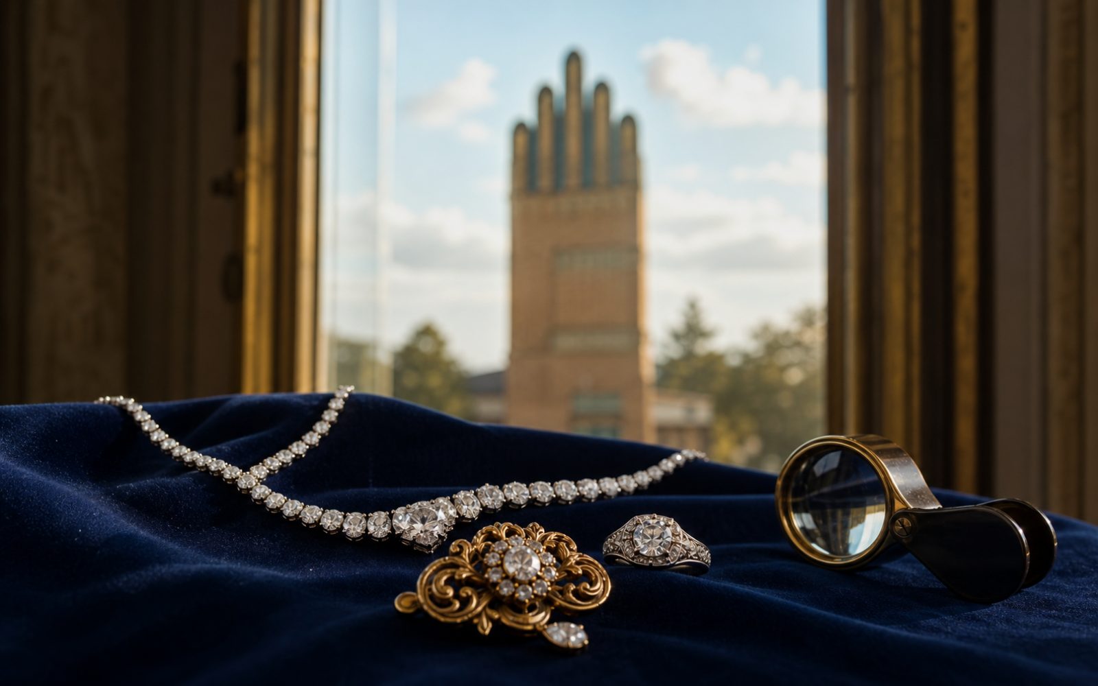 Jugendstilbrosche, Brillant-Verlobungsring und Markenschmuck mit Cartier-Punze auf dunklem Samt-Tableau in einem Darmstadter Altbau im Johannesviertel, Bewertungslupe und Tageslicht.