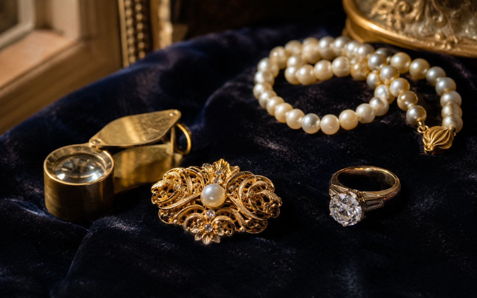 Brillantring, antike Goldbrosche und Perlencollier auf dunklem Samt in einem Dortmunder Altbau in der Gartenstadt, Bewertungslupe und Tageslicht.