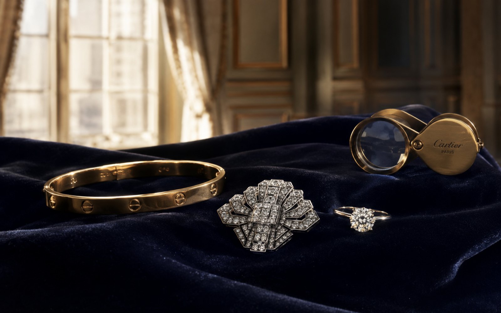 Cartier-Armreif, Van-Cleef-Brosche und Brillant-Solitärring auf dunklem Samt in einem Düsseldorfer Altbau in Oberkassel, Lupe und Tageslicht.