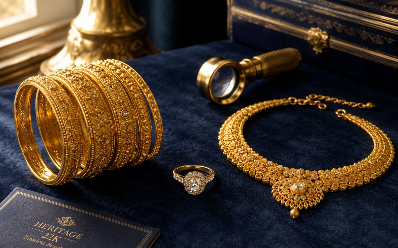 Hochkarätige Brautgold-Armreifen, Brillantring und Goldcollier auf dunklem Samt-Tableau in einer Duisburger Wohnung, Bewertungslupe daneben.