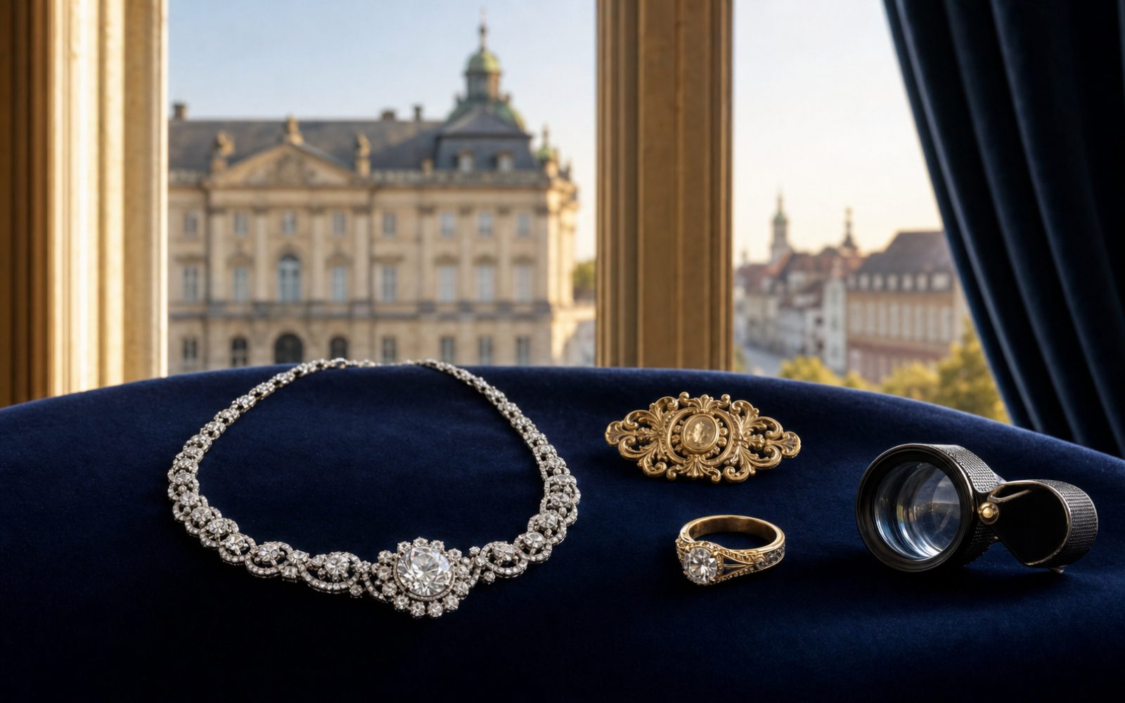 Brillant-Verlobungsring, antike Goldbrosche und Markenschmuck mit Cartier-Punze auf dunklem Samt-Tableau in einer Erlanger Villa am Burgberg, Bewertungslupe und Tageslicht durch hohe Fenster.