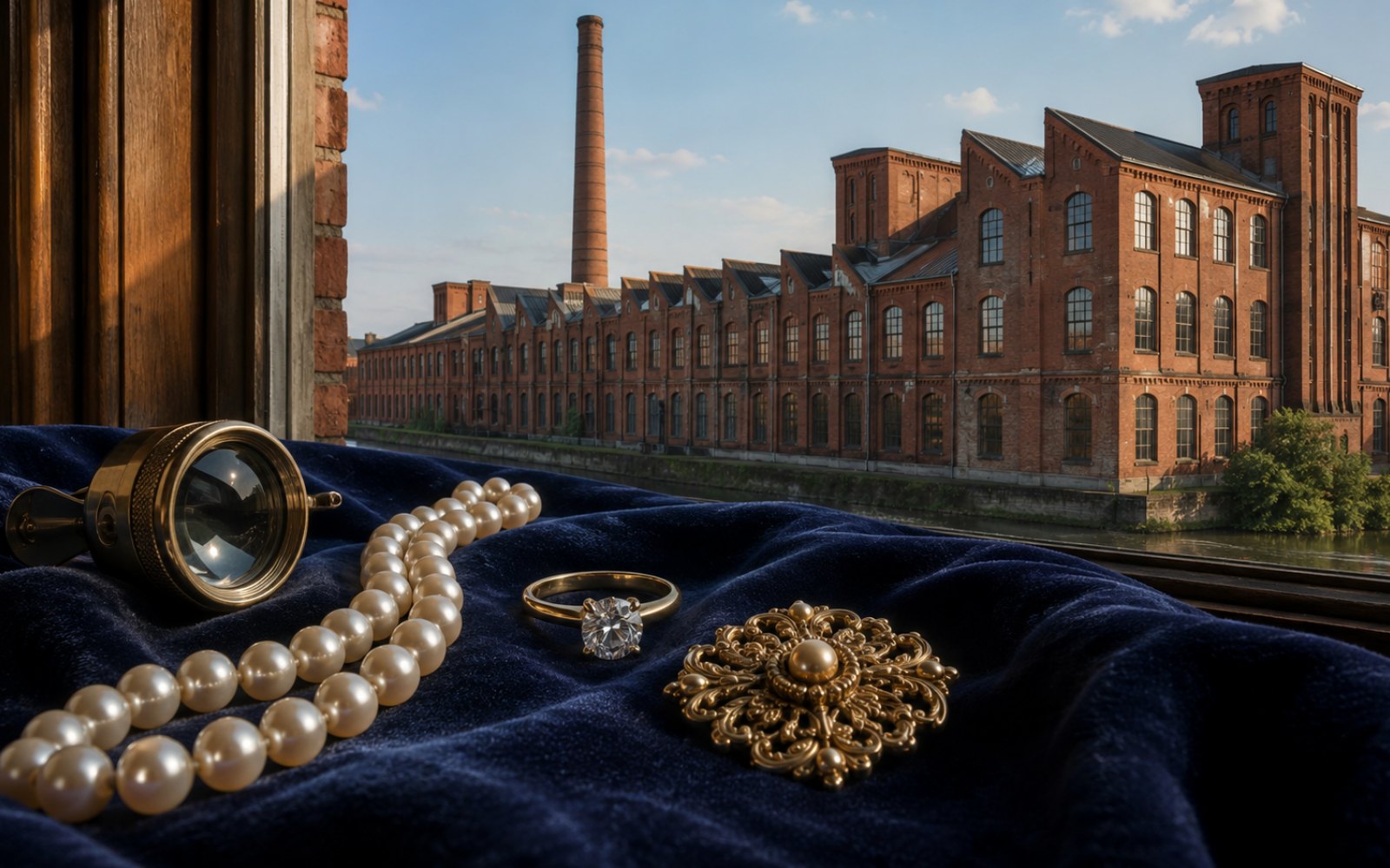Brillantcollier, antike Goldbrosche und Markenschmuck mit Cartier-Punze auf dunklem Samt-Tableau in einem Euskirchener Altbau, Bewertungslupe daneben, Tageslicht durch Sprossenfenster.