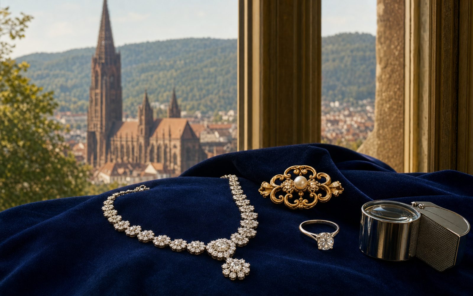 Brillantcollier, antike Goldbrosche und Markenschmuck mit Cartier-Punze auf dunklem Samt-Tableau in einer Freiburger Gründerzeitvilla in Herdern, Bewertungslupe und Tageslicht durch hohe Altbaufenster.
