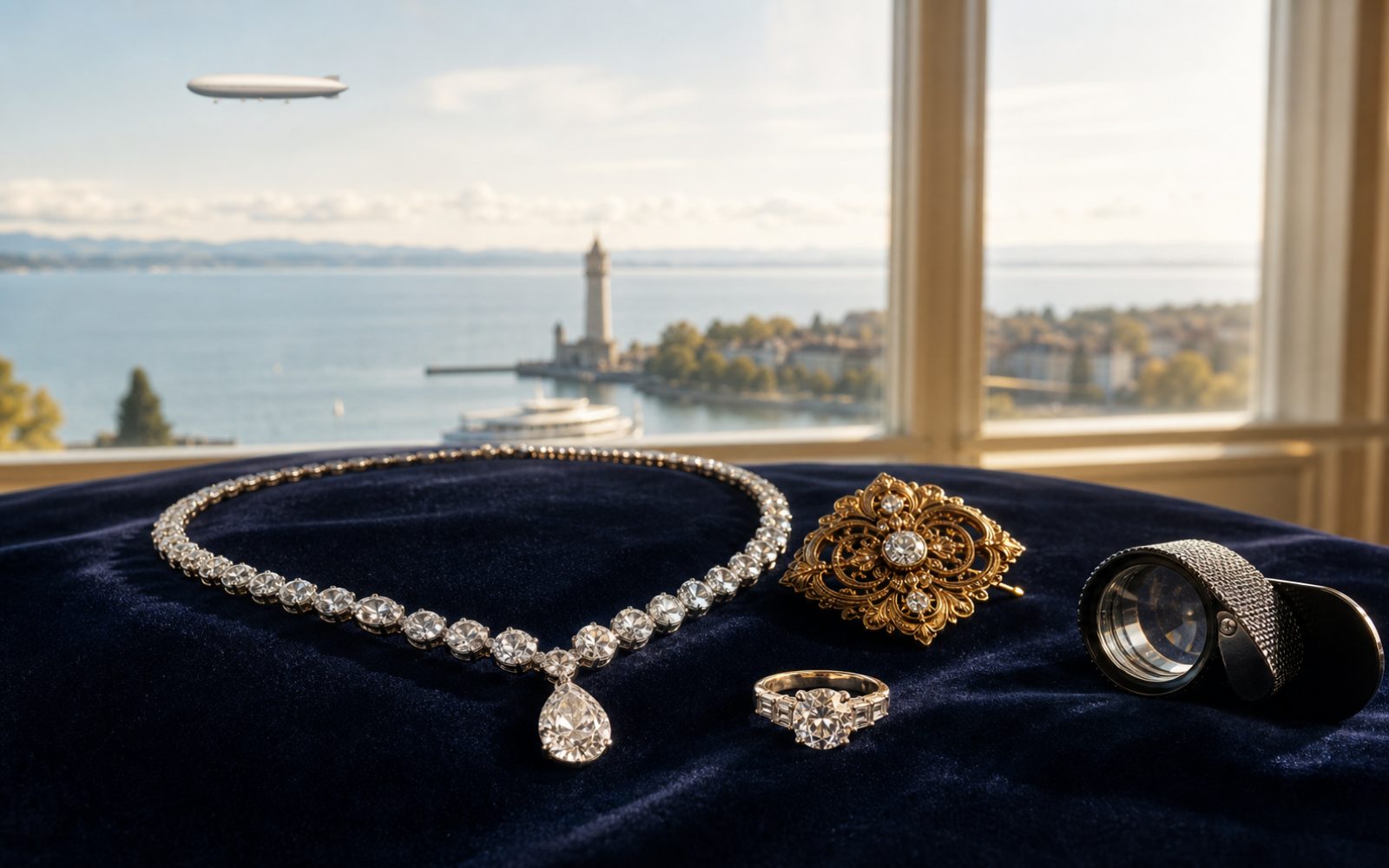 Brillant-Verlobungsring, antike Goldbrosche und Markenschmuck mit Wempe-Punze auf dunklem Samt-Tableau in einer Friedrichshafener Seevilla in Fischbach, Bewertungslupe und Tageslicht mit Blick auf den Bodensee.