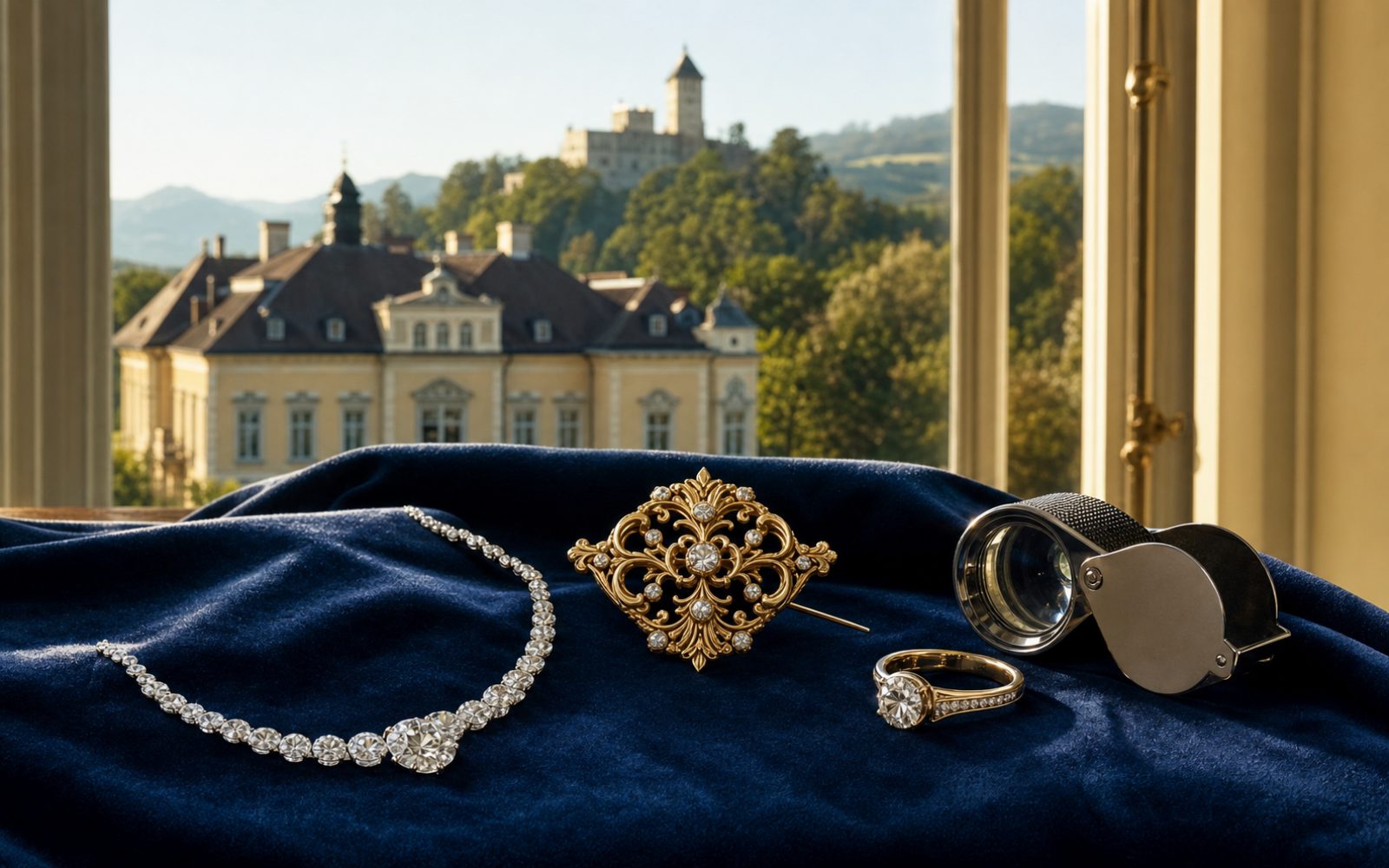 Brillantcollier, antike Goldbrosche und Markenschmuck mit Cartier-Punze auf dunklem Samt-Tableau in einer Grünwalder Villa nahe Geiselgasteig, Bewertungslupe und Tageslicht durch hohe Fenster.