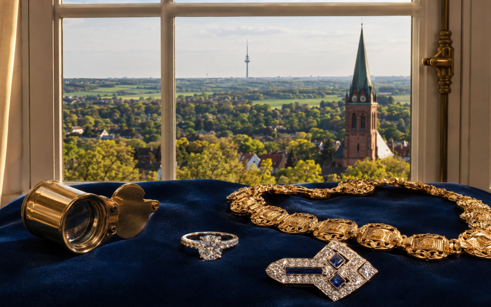 Brillantcollier, antike Goldbrosche und Markenschmuck mit Wempe-Punze auf dunklem Samt-Tableau, fotografiert fuer die Vorabeinschaetzung aus Barsbuettel im Hamburger Umland, Bewertungslupe und Tageslicht.