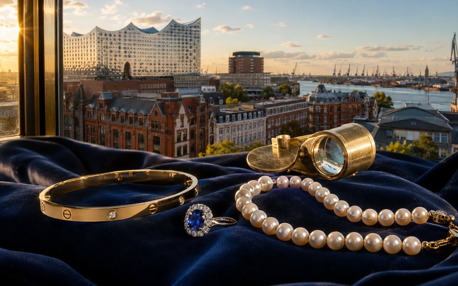 Brillant-Verlobungsring, antike Goldbrosche und Markenschmuck mit Wempe-Punze auf dunklem Samt-Tableau, fotografiert fuer die Vorabeinschaetzung aus Hamburg-Lurup im Bezirk Altona, Bewertungslupe und Tageslicht.