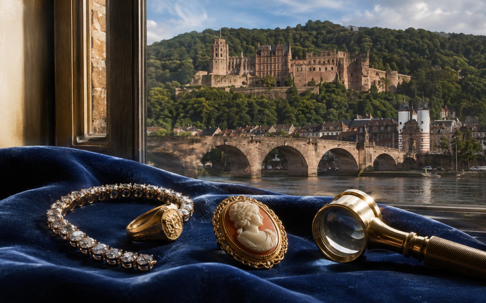 Brillantcollier, antike Goldbrosche und Markenschmuck mit Wempe-Punze auf dunklem Samt-Tableau, fotografiert fuer die Vorabeinschaetzung aus Heidelberg-Neuenheim, Bewertungslupe und Tageslicht.