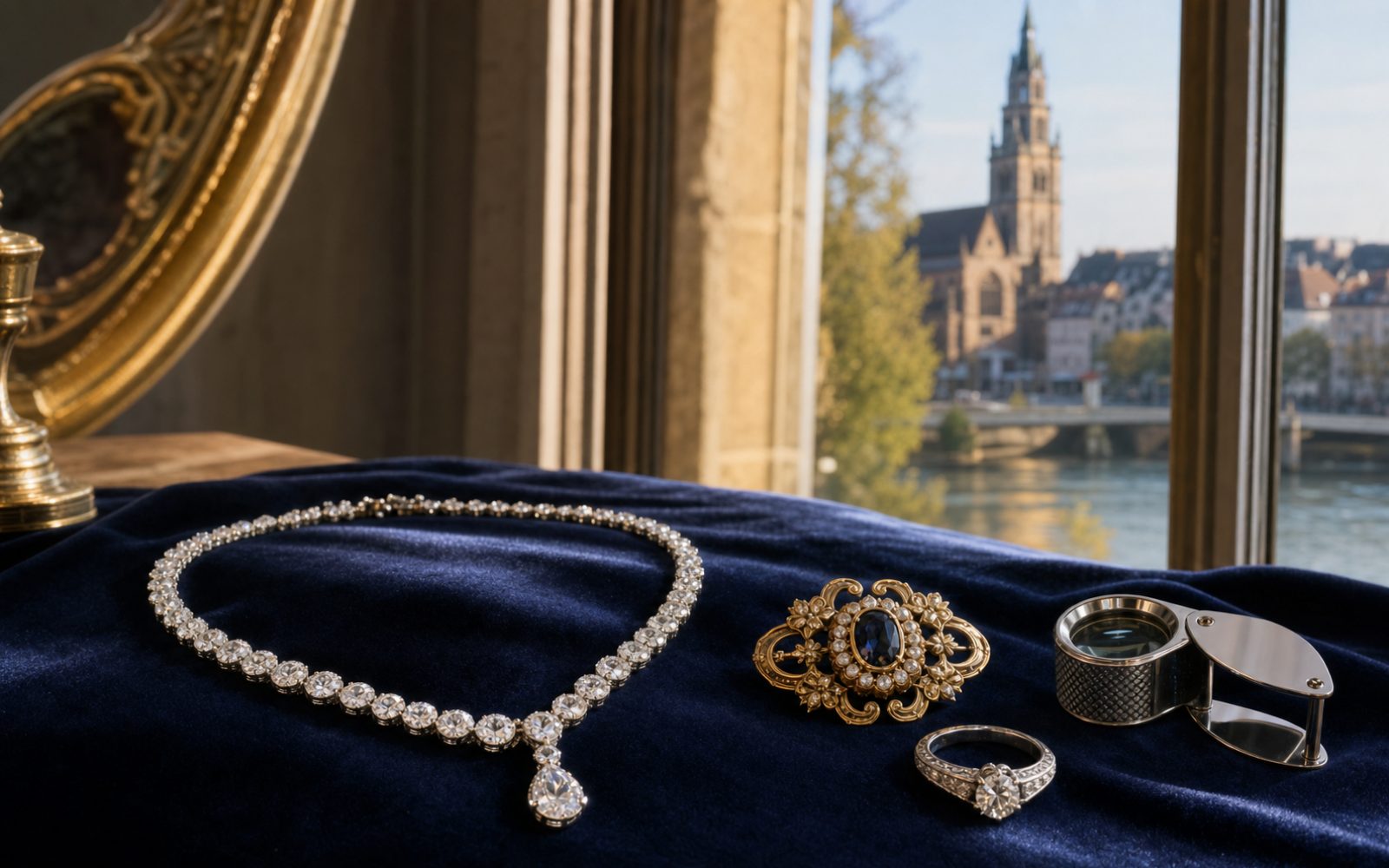 Brillant-Verlobungsring, antike Goldbrosche und Markenschmuck mit Cartier-Punze auf dunklem Samt-Tableau in einem Heilbronner Altbau nahe dem Neckar, Bewertungslupe und Tageslicht.
