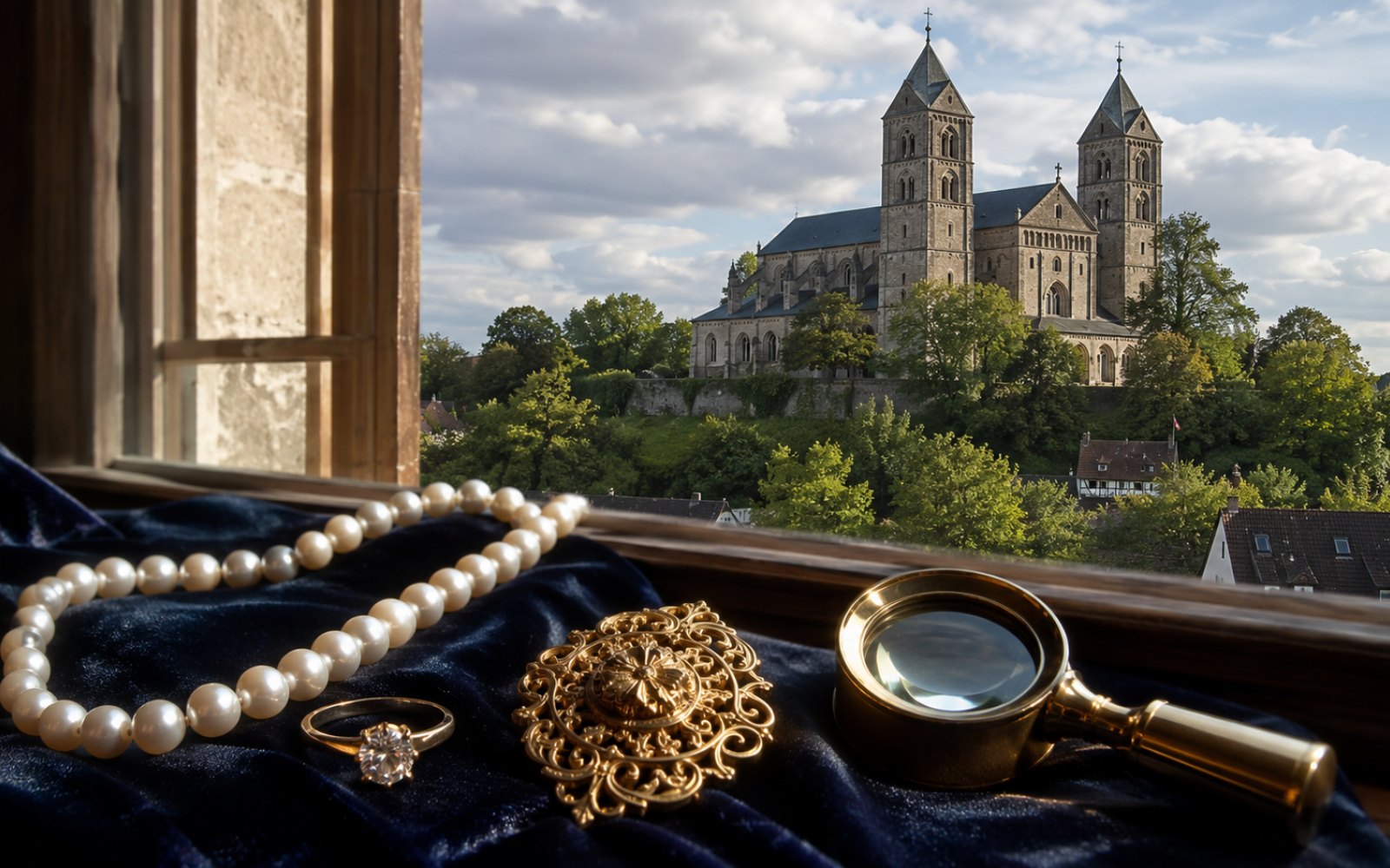 Brillant-Verlobungsring, antike Goldbrosche und Markenschmuck mit Wempe-Punze auf dunklem Samt in einem Heinsberger Haus nahe dem Burgberg, Bewertungslupe und Tageslicht.