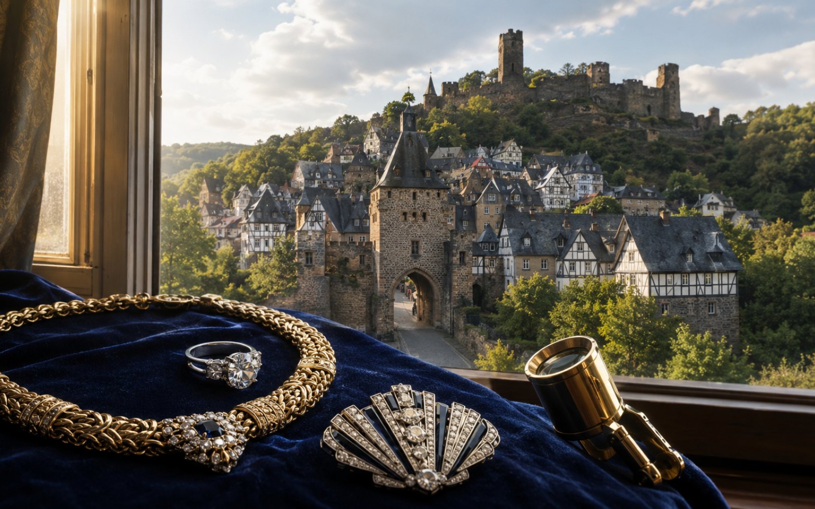 Brillant-Verlobungsring, antike Goldbrosche und Markenschmuck mit Wellendorff-Punze auf dunklem Samt-Tableau in einem Hennefer Wohnzimmer im Siegtal, Bewertungslupe und Tageslicht.