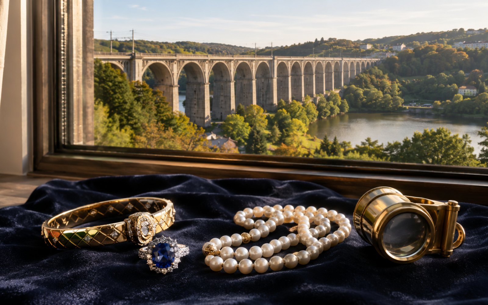 Brillantcollier, antike Goldbrosche und Markenschmuck mit Wellendorff-Punze auf dunklem Samt in einem Herdecker Haus über dem Harkortsee, Bewertungslupe und Tageslicht.