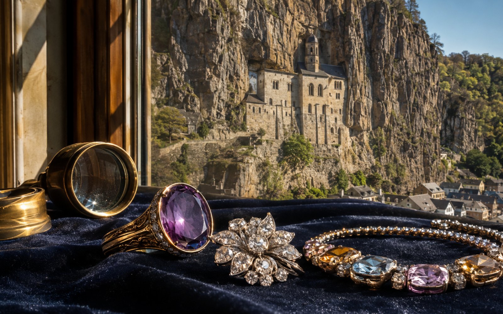Farbedelstein-Ring, geschliffener Achat und Brillantschmuck mit Punze auf dunklem Samt-Tableau, fotografiert fuer die Vorabeinschaetzung aus Idar-Oberstein, der Edelsteinstadt, Bewertungslupe und Tageslicht.