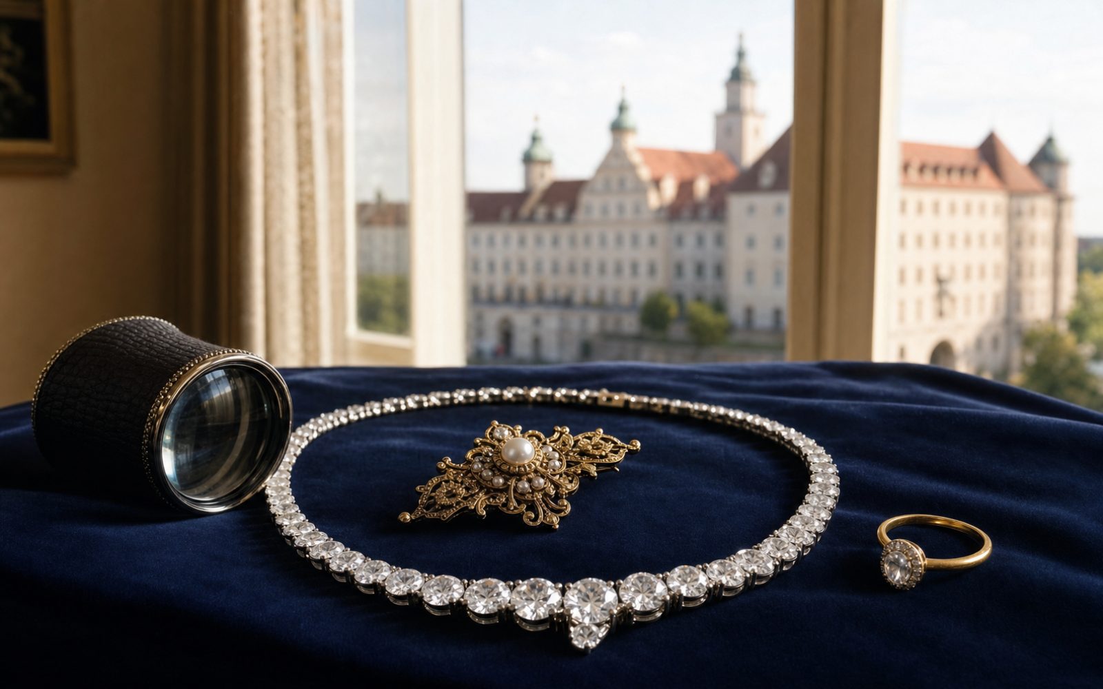 Brillant-Verlobungsring, antike Goldbrosche und Markenschmuck mit Wempe-Punze auf dunklem Samt-Tableau in einem Ingolst&auml;dter Altstadthaus, Bewertungslupe und Tageslicht durch Sprossenfenster.