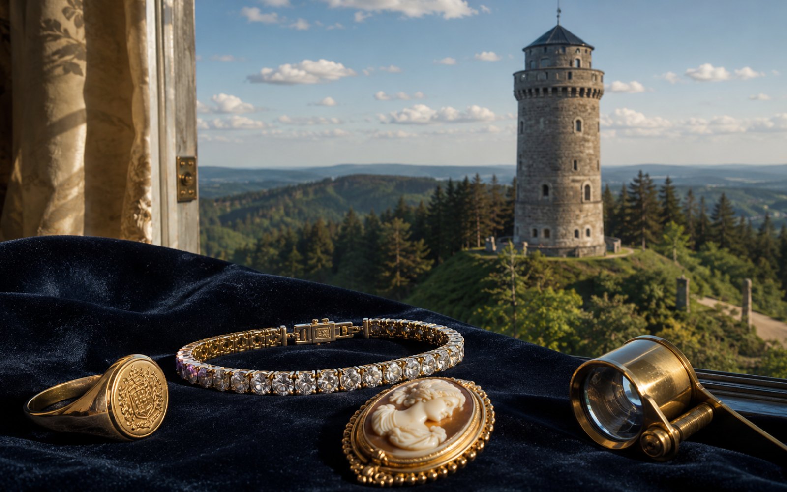 Brillant-Verlobungsring, antike Goldbrosche und Markenschmuck mit Cartier-Punze auf dunklem Samt-Tableau in einem Iserlohner Haus in Letmathe, Bewertungslupe und Tageslicht.