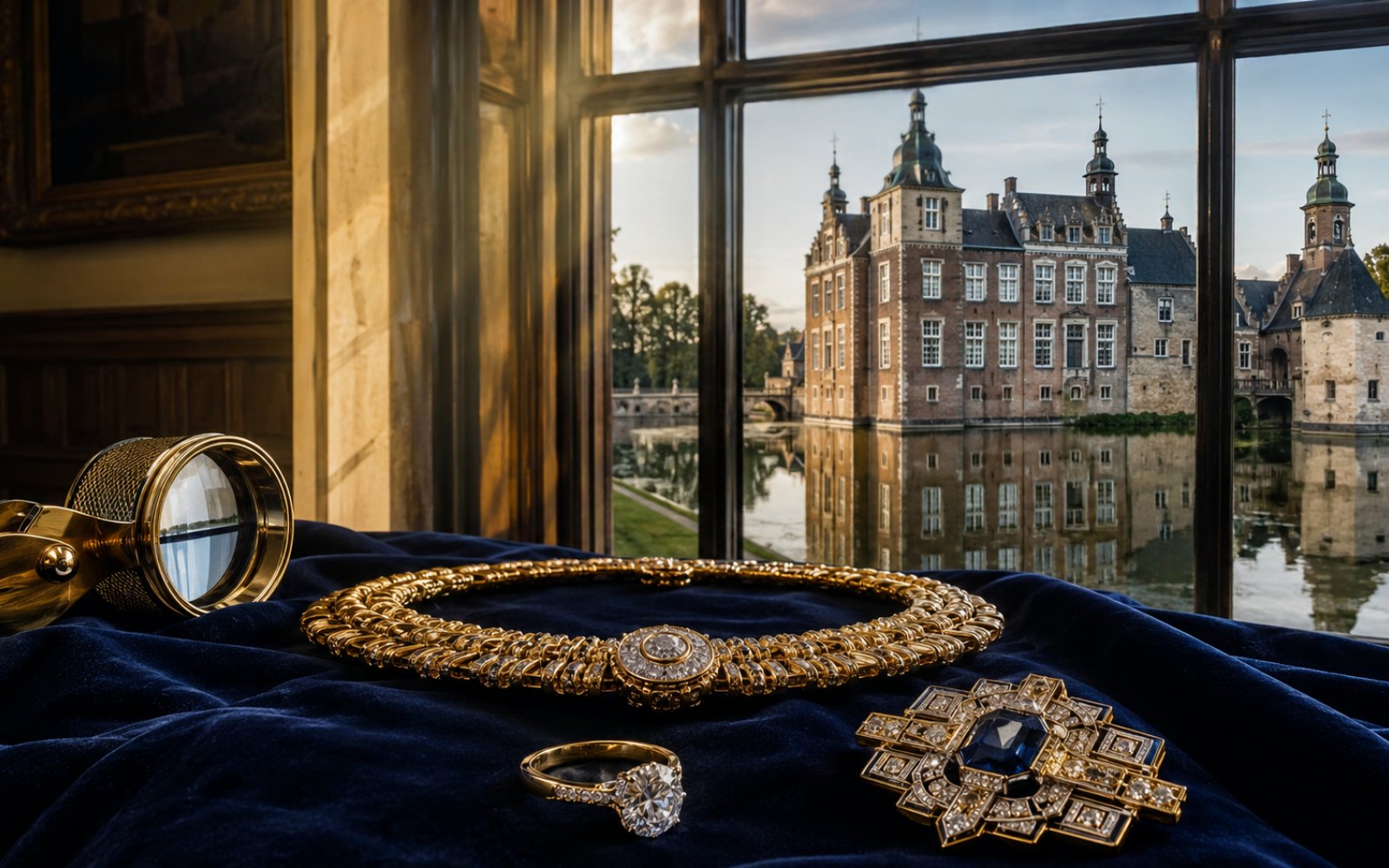 Brillant-Verlobungsring, Goldcollier und Markenschmuck mit Wellendorff-Punze auf dunklem Samt-Tableau in einem Kerpener Haus in Sindorf, Bewertungslupe daneben, Tageslicht.