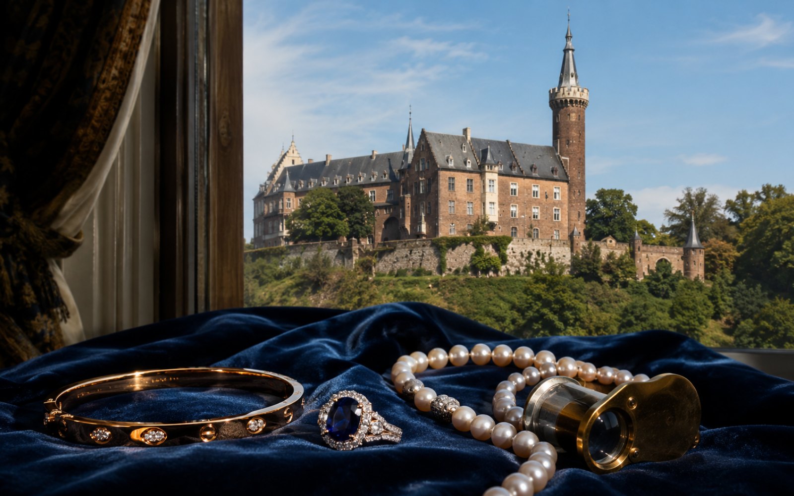 Brillant-Verlobungsring, antike Goldbrosche und Markenschmuck mit Wempe-Punze auf dunklem Samt in einem Klever Altbau unterhalb der Schwanenburg, Bewertungslupe und Tageslicht.