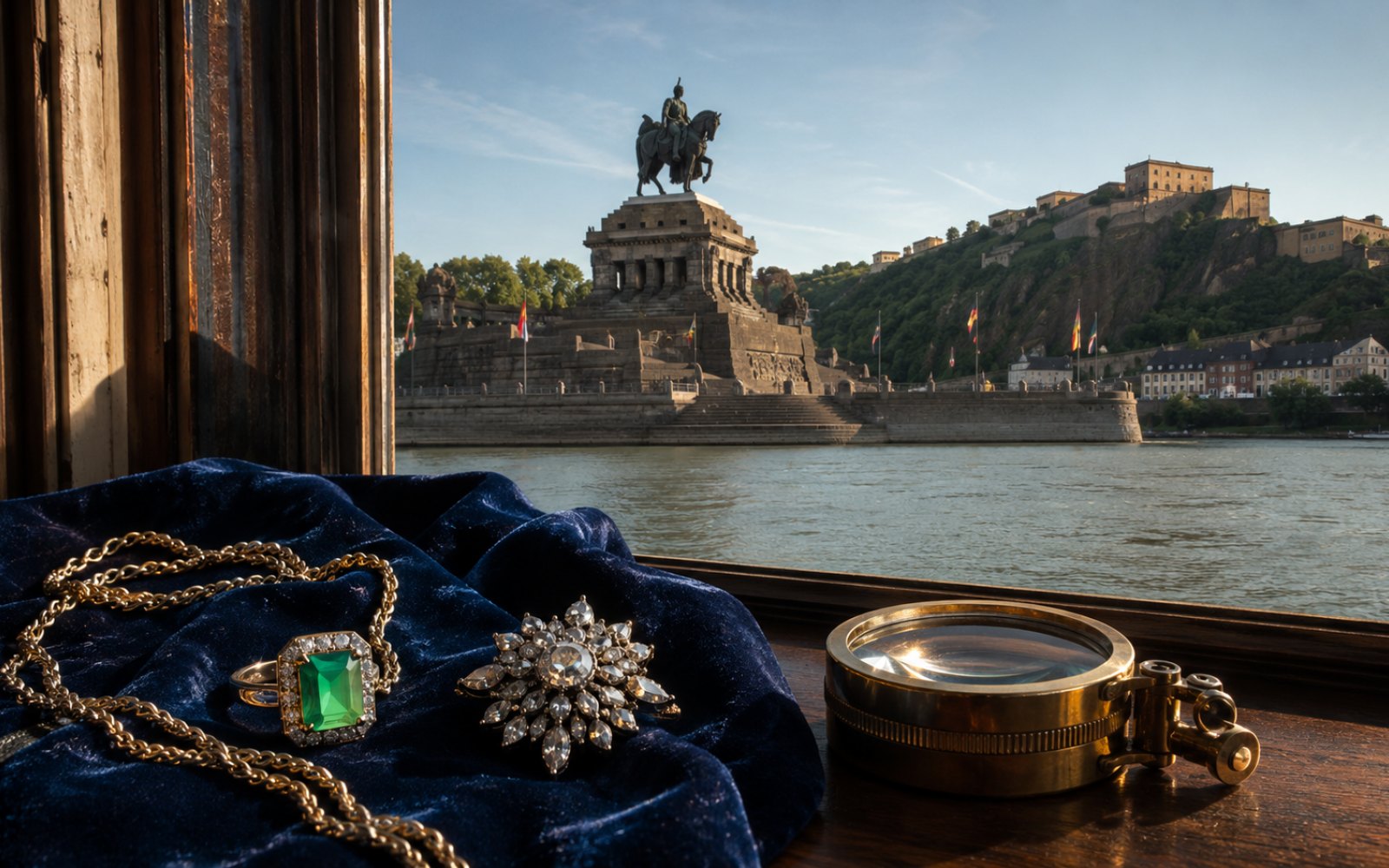 Brillantcollier, antike Goldbrosche und Markenschmuck mit Wempe-Punze auf dunklem Samt-Tableau, fotografiert fuer die Vorabeinschaetzung aus Koblenz nahe dem Deutschen Eck, Bewertungslupe und Tageslicht.