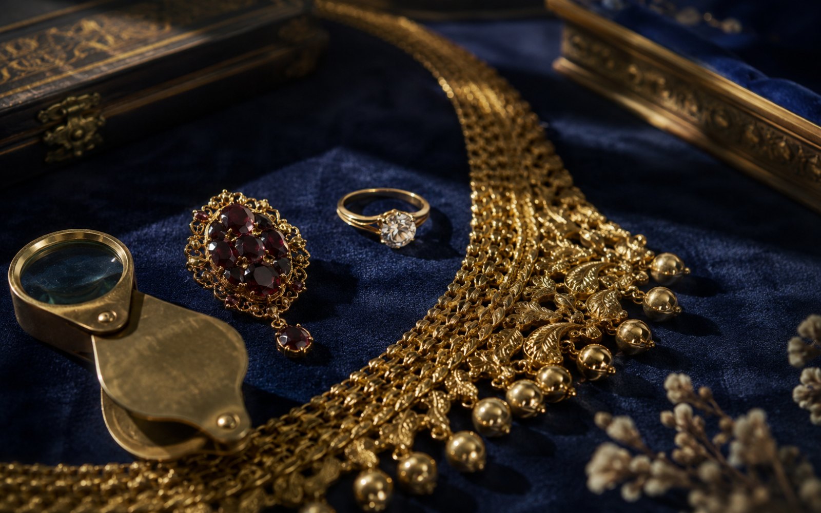 Antike Granatbrosche, Brillant-Verlobungsring und Goldcollier auf einem Samt-Tableau in einem Kölner Altbau in Lindenthal, Bewertungslupe daneben.