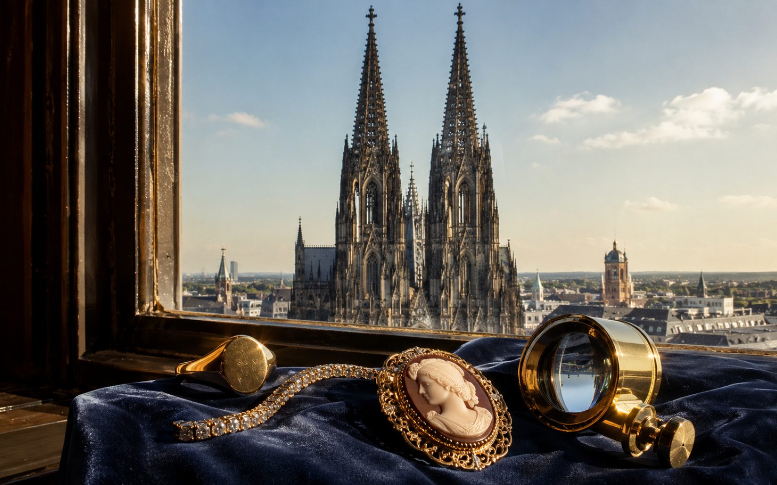 Brillant-Verlobungsring, antikes Goldcollier und Markenschmuck mit Wempe-Punze auf dunklem Samt in einem Reihenhaus in K&ouml;ln-Pesch im K&ouml;lner Norden, Bewertungslupe und Tageslicht.