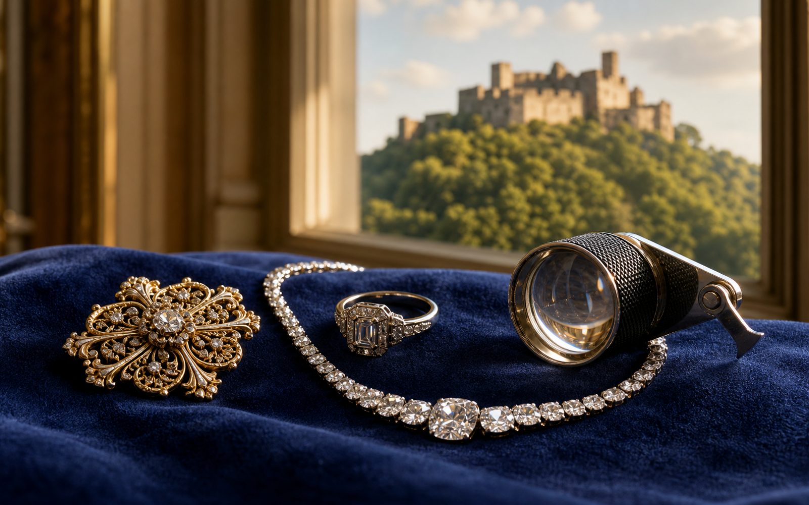 Brillantcollier, antike Goldbrosche und Markenschmuck mit Cartier-Punze auf dunklem Samt-Tableau in einer K&ouml;nigsteiner Villa am Taunushang in Falkenstein, Bewertungslupe daneben, Tageslicht durch hohe Fenster.