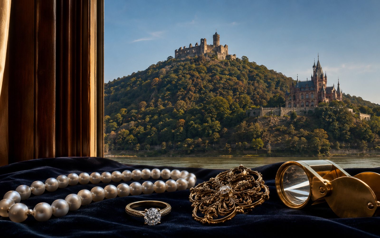 Brillantcollier, antike Goldbrosche und Markenschmuck mit Cartier-Punze auf dunklem Samt-Tableau in einer K&ouml;nigswinterer Rheinvilla unterhalb des Drachenfels, Bewertungslupe und Tageslicht.