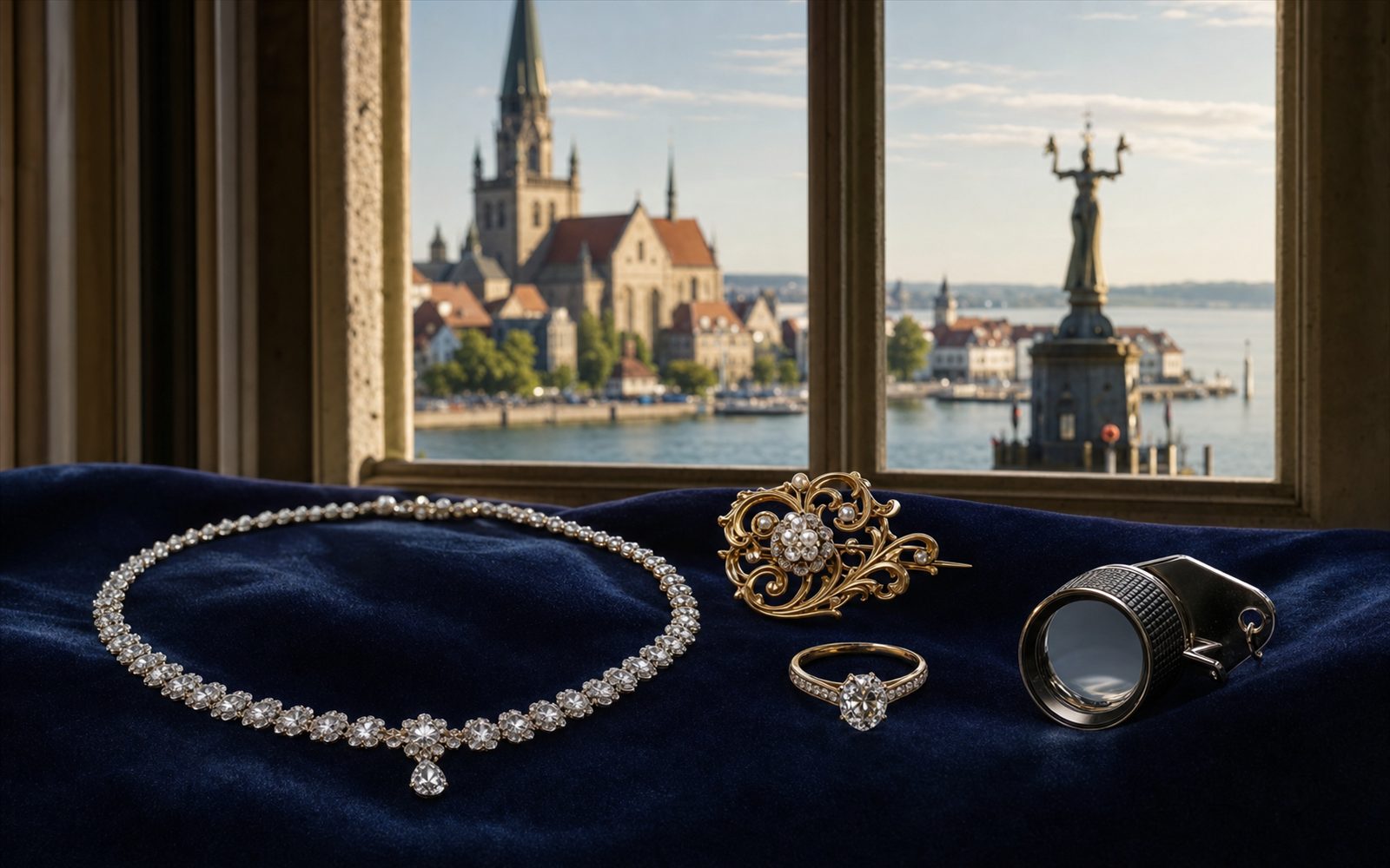 Brillantcollier, antike Goldbrosche und Markenschmuck mit Cartier-Punze auf dunklem Samt-Tableau in einer Konstanzer Altstadtwohnung am Paradies, Bewertungslupe und Tageslicht durch hohe Altbaufenster.
