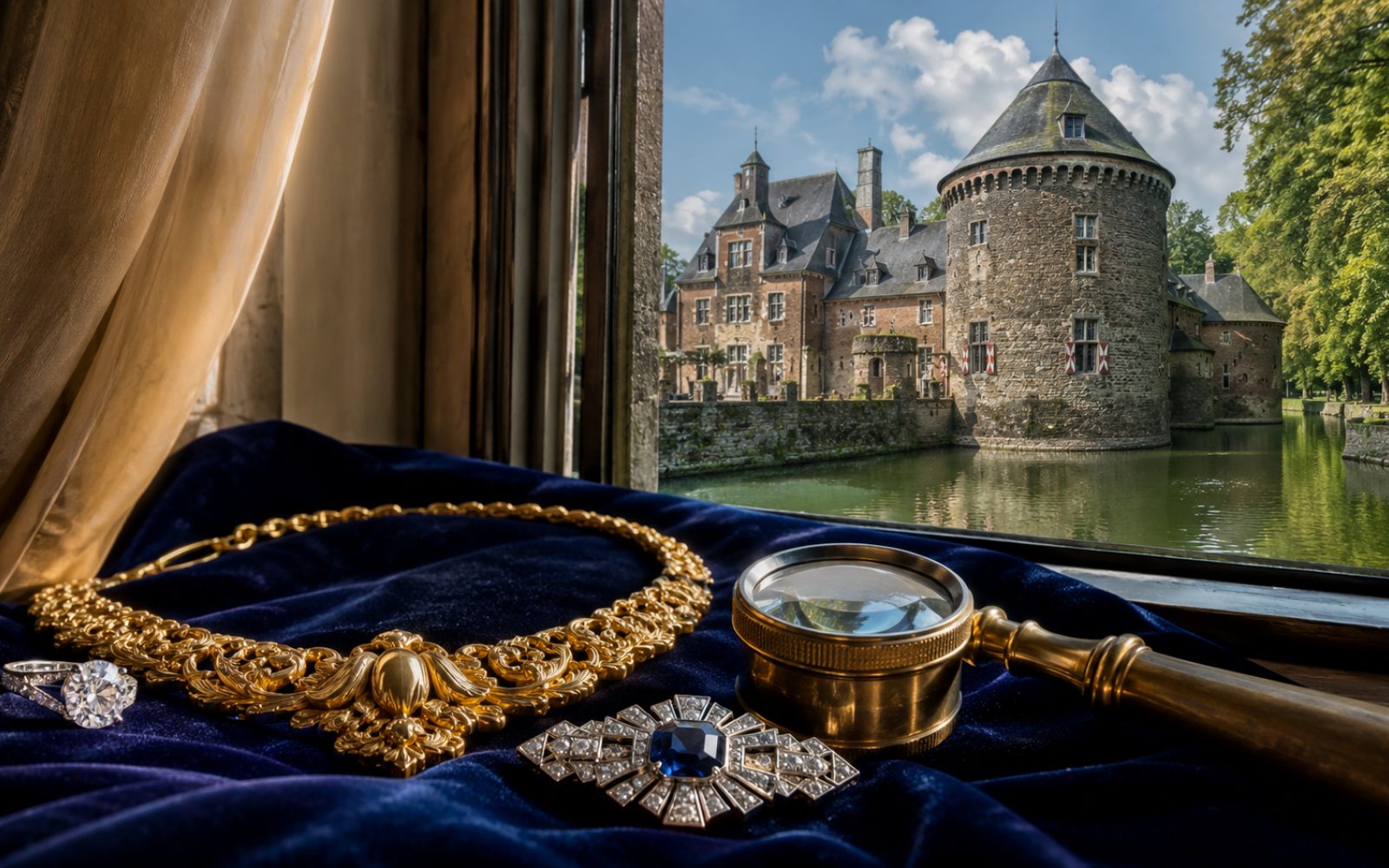 Brillantcollier, antike Goldbrosche und Markenschmuck mit Cartier-Punze auf dunklem Samt-Tableau in einem Krefelder Altbau in Bockum, Bewertungs-Lupe daneben, Tageslicht durch Sprossenfenster.