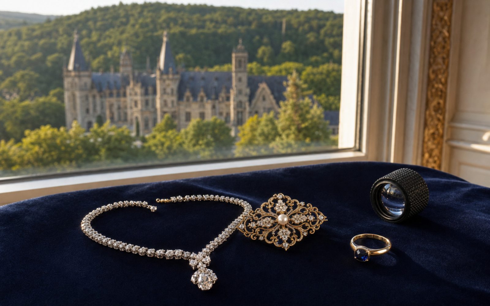 Brillantcollier, antike Goldbrosche und Markenschmuck mit Cartier-Punze auf dunklem Samt-Tableau in einer Kronberger Villa nahe Schloss Friedrichshof, Bewertungslupe daneben, Tageslicht durch hohe Fenster.