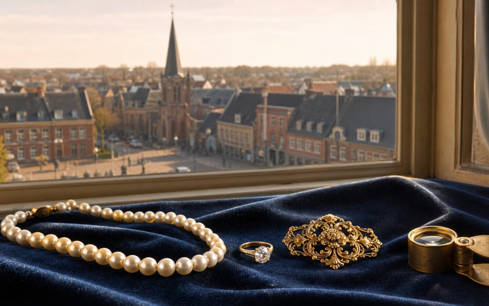Brillant-Verlobungsring, antike Goldbrosche und Markenschmuck mit Cartier-Punze auf dunklem Samt-Tableau in einem Langenfelder Wohnzimmer in Richrath, Bewertungslupe und Tageslicht.