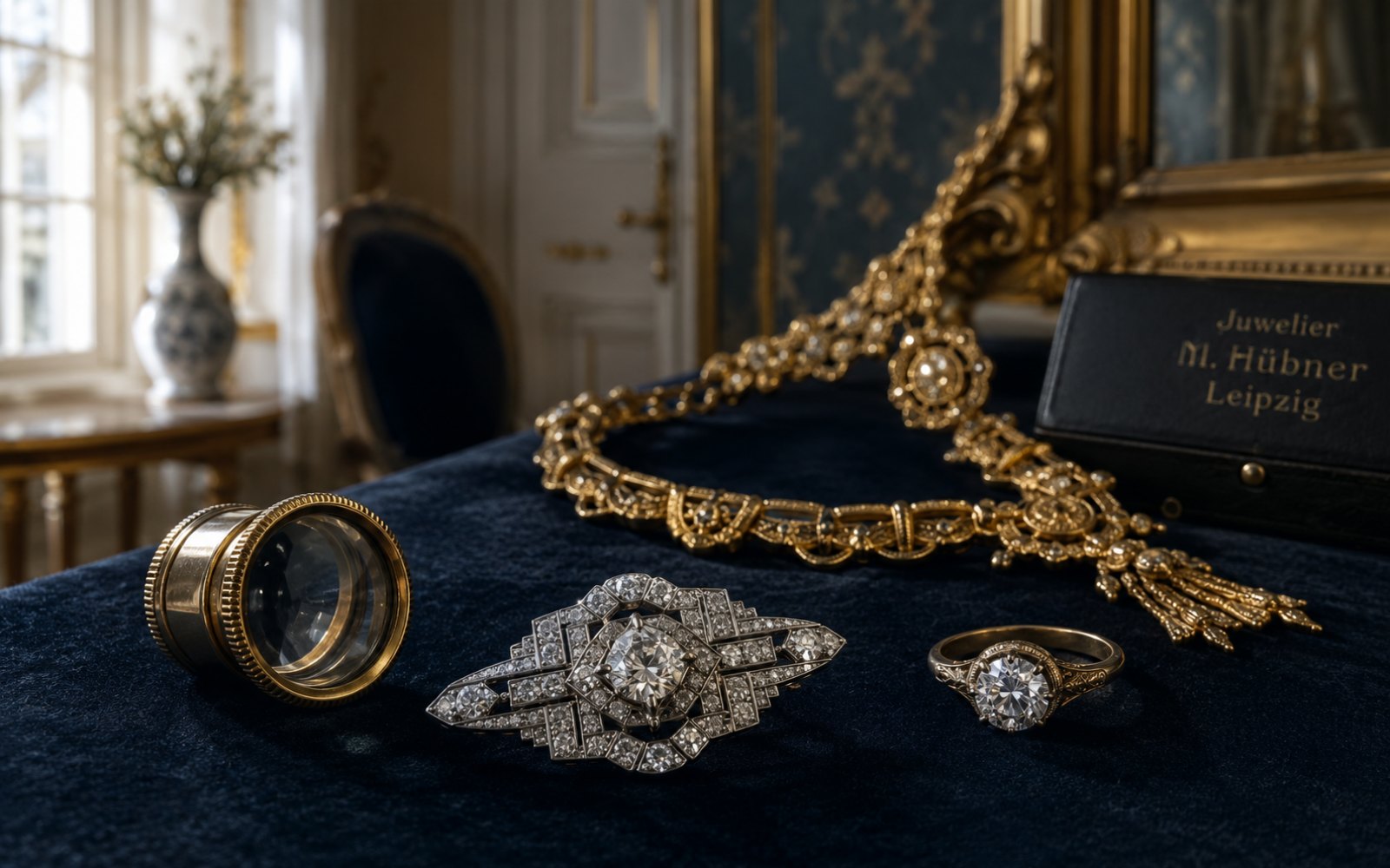 Vorkriegs-Brosche, Brillantring und Goldcollier auf Samt-Tableau in einer Leipziger Gründerzeitwohnung in Gohlis, Bewertungslupe daneben.