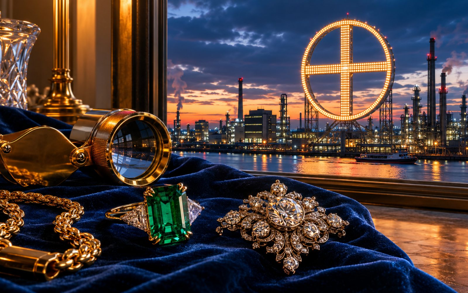 Brillant-Verlobungsring, Goldcollier und Markenschmuck mit Wempe-Punze auf dunklem Samt in einem Leverkusener Altbau in Schlebusch, Bewertungslupe und Tageslicht.