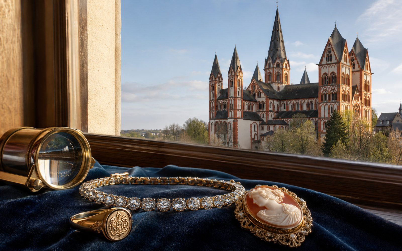Brillantcollier, antike Goldbrosche und Markenschmuck mit Wempe-Punze auf dunklem Samt-Tableau, fotografiert fuer die Vorabeinschaetzung aus Limburg an der Lahn nahe dem Dom, Bewertungslupe und Tageslicht.