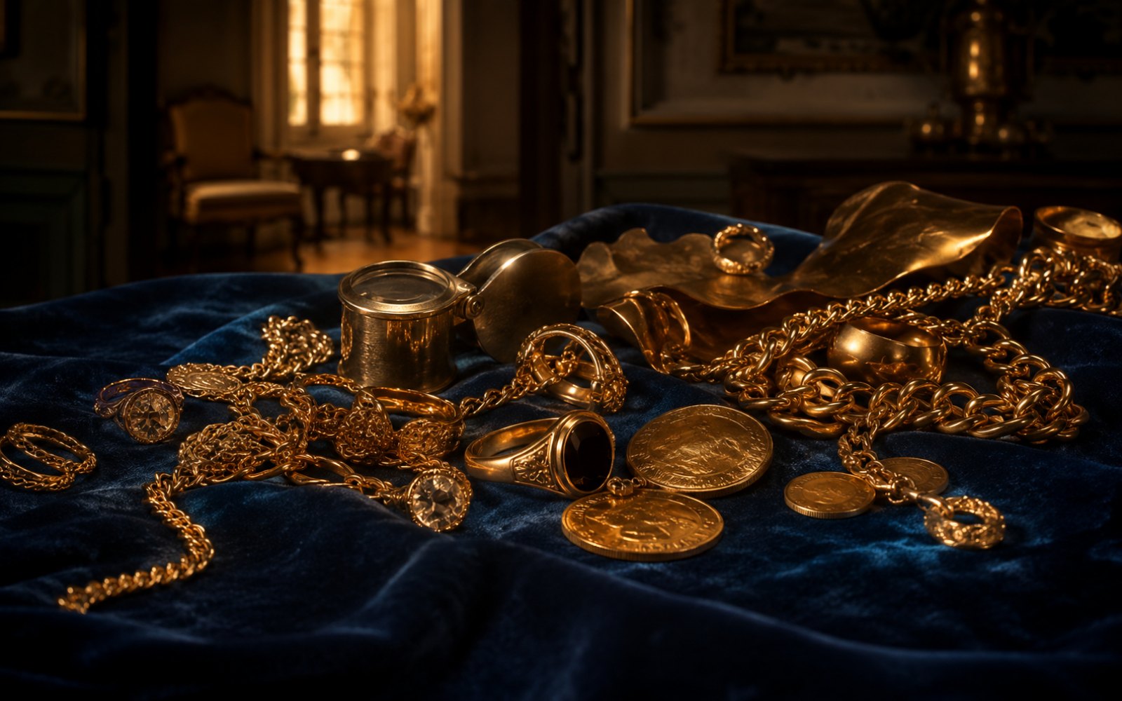 Vorkriegs-Brosche, Brillantring und Goldcollier auf Samt-Tableau in einer Magdeburger Gründerzeitwohnung am Hasselbachplatz, Bewertungslupe daneben.