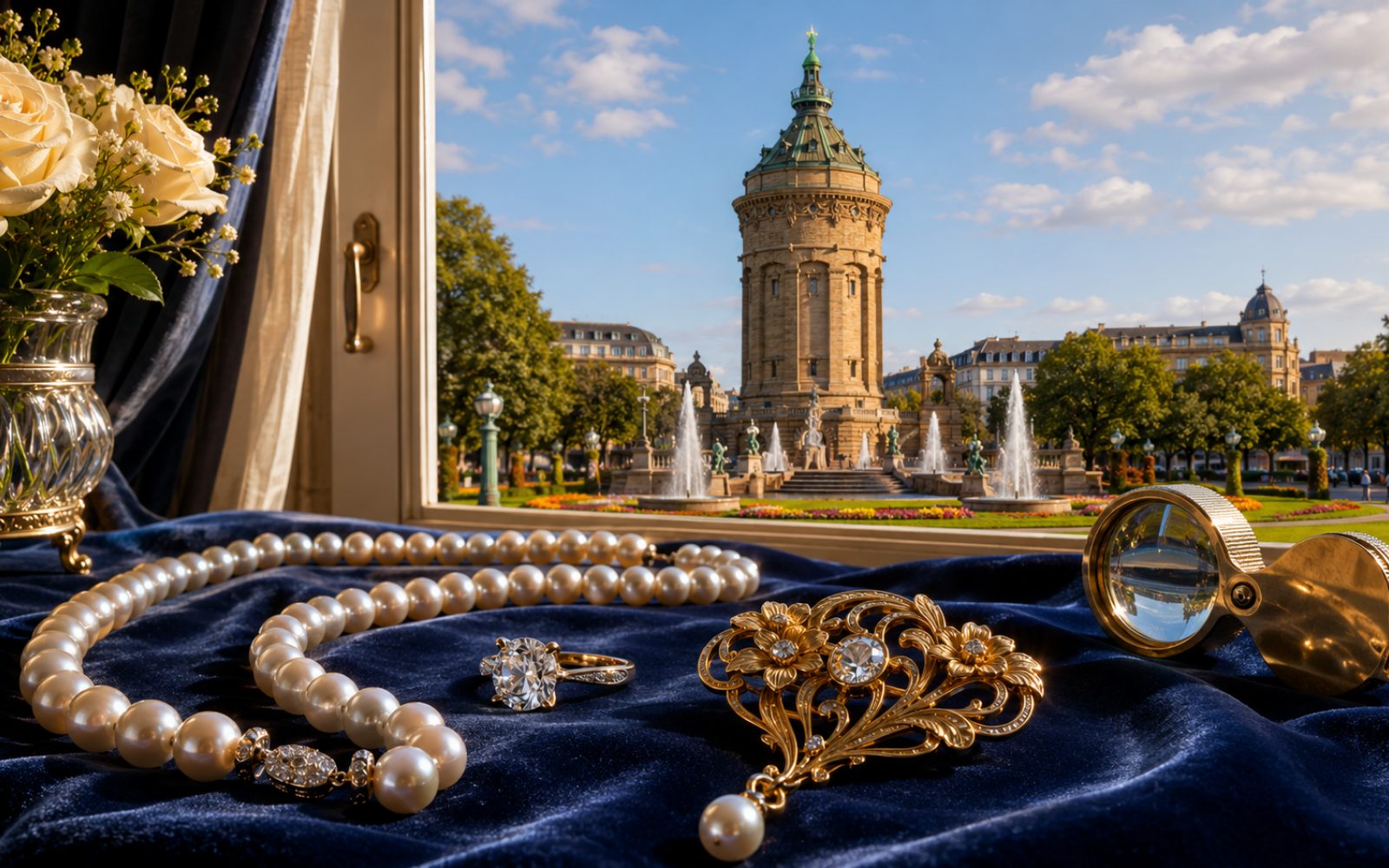 Brillantcollier, antike Goldbrosche und Markenschmuck mit Cartier-Punze auf dunklem Samt-Tableau, fotografiert fuer die Vorabeinschaetzung aus Mannheim-Lindenhof, Bewertungslupe daneben, Tageslicht.