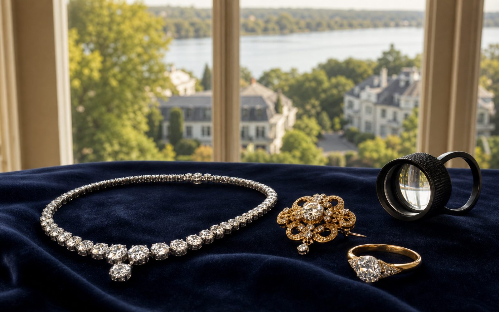 Brillantcollier, antike Goldbrosche und Markenschmuck mit Cartier-Punze auf dunklem Samt-Tableau in einer Meerbuscher Villa in B&uuml;derich, Bewertungslupe und Tageslicht durch hohe Fenster.