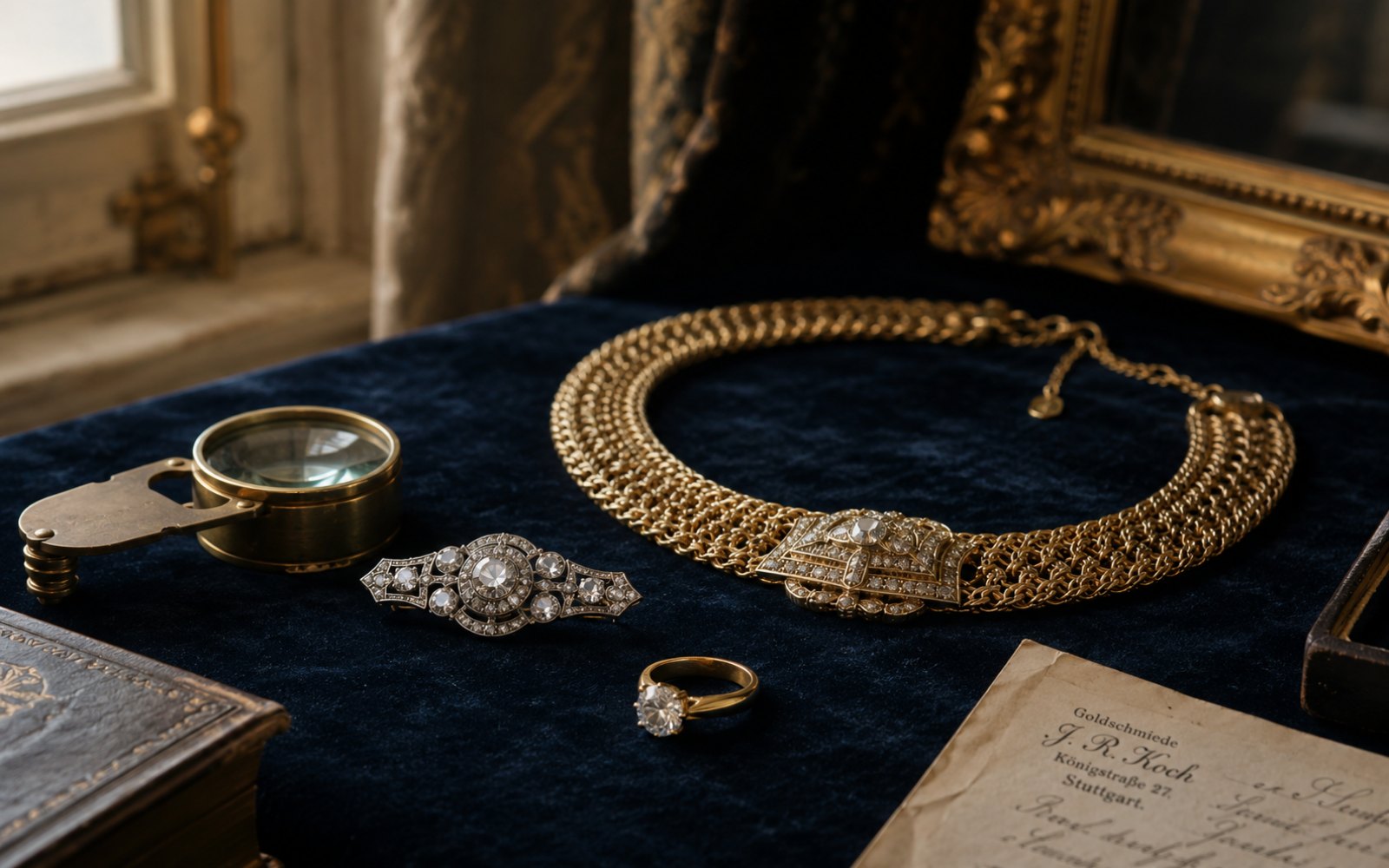 Antike Brosche, Brillantring und Goldcollier auf Samt-Tableau in einem Bürgerhaus in Mönchengladbach-Rheydt, Bewertungslupe daneben.