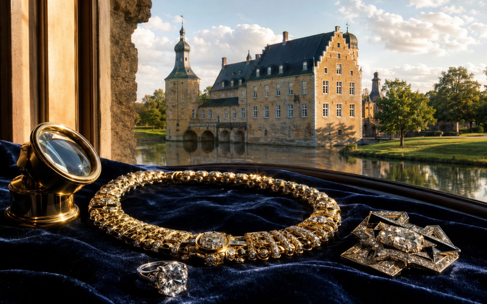 Brillantring, gravierter Bergmanns-Trauring und Markenschmuck mit Cartier-Punze auf dunklem Samt-Tableau in einem Moerser Wohnzimmer nahe dem Schlosspark, Bewertungslupe daneben.