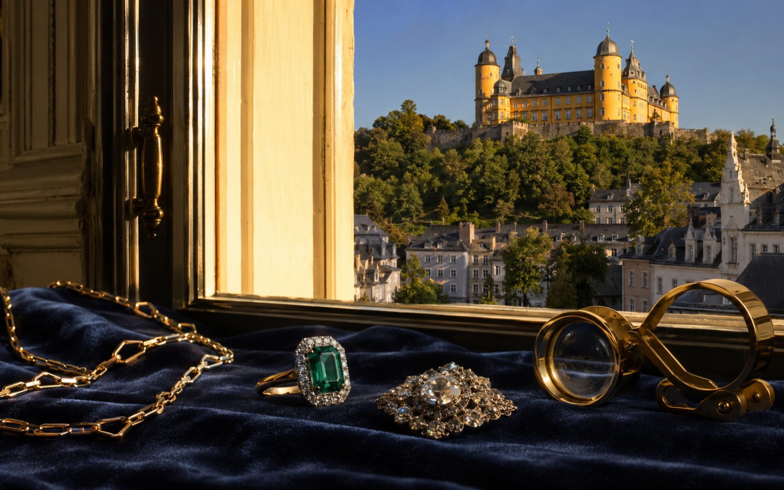 Brillant-Verlobungsring, antike Goldbrosche und Markenschmuck mit Wempe-Punze auf dunklem Samt-Tableau, fotografiert fuer die Vorabeinschaetzung aus Montabaur im Westerwald, Bewertungslupe und Tageslicht.