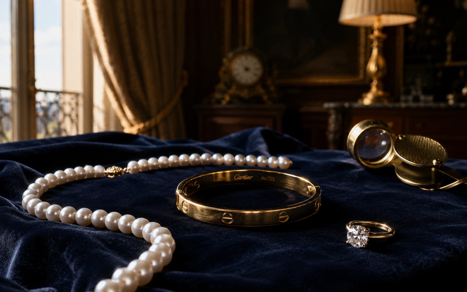 Perlencollier, Diamantring und Markenschmuck mit Cartier-Punze auf dunklem Samt-Tableau in einem Mülheimer Wohnzimmer, Bewertungs-Lupe daneben.