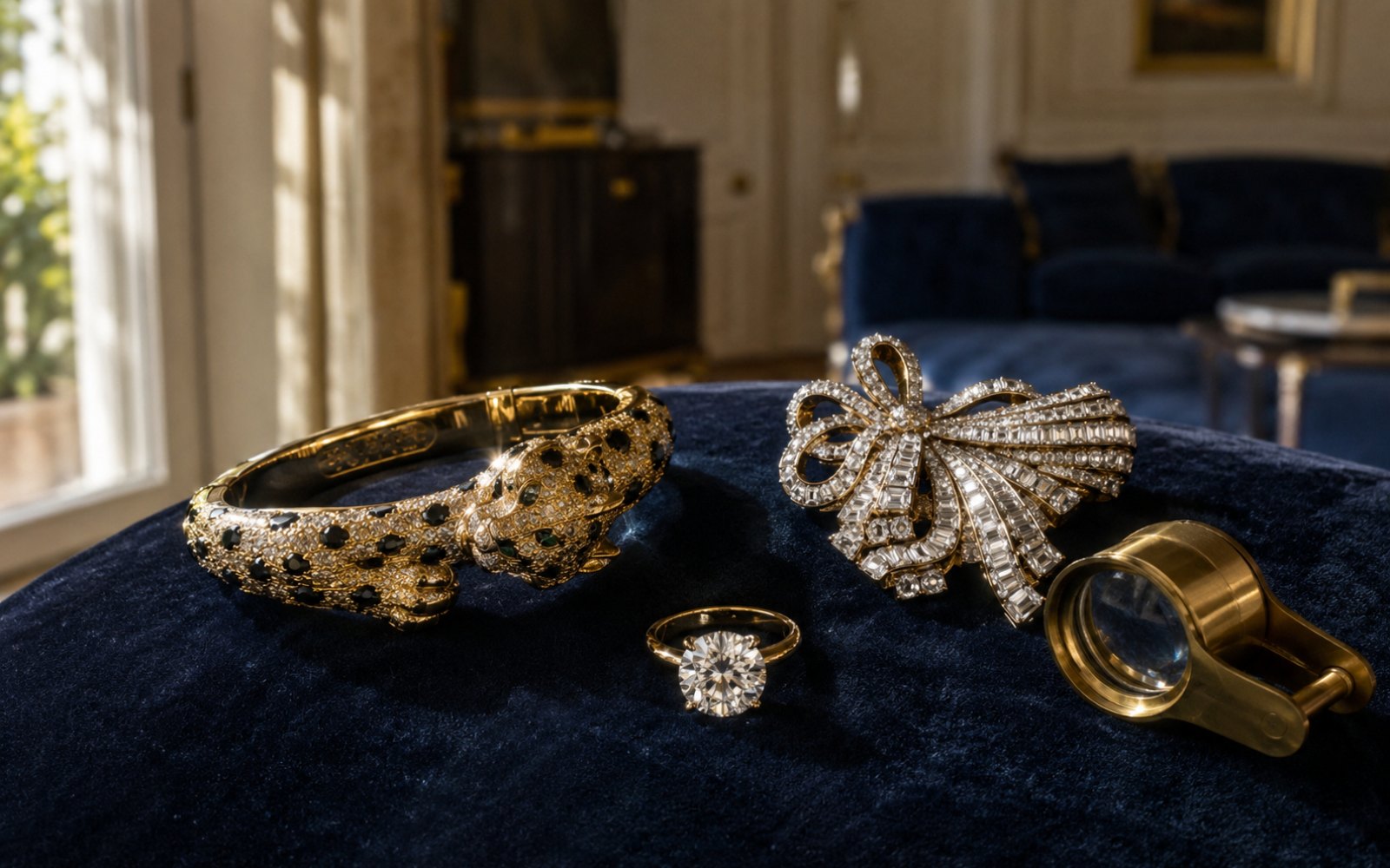 Cartier-Schmuck, Brillant-Solitär und antike Garnitur auf Samt-Tableau in einer Münchner Altbauwohnung in Bogenhausen, Bewertungslupe daneben.