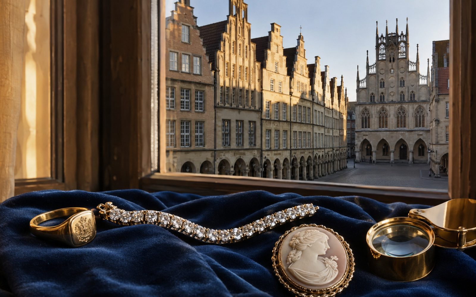 Brillantcollier, antike Goldbrosche und Markenschmuck mit Cartier-Punze auf dunklem Samt-Tableau in einem Münsteraner Altbau in Gievenbeck, Bewertungs-Lupe daneben, Tageslicht durch Sprossenfenster.