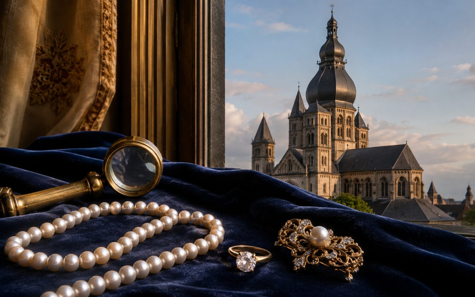 Brillant-Verlobungsring, Goldcollier und Markenschmuck mit Wempe-Punze auf dunklem Samt in einem Neusser Altbau nahe dem Quirinus-M&uuml;nster, Bewertungslupe und Tageslicht.