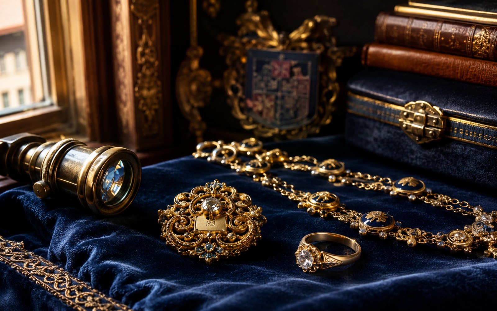 Antike Goldschmiede-Brosche, Brillantring und Collier auf Samt-Tableau in einem Nürnberger Bürgerhaus in Erlenstegen, Bewertungslupe daneben.