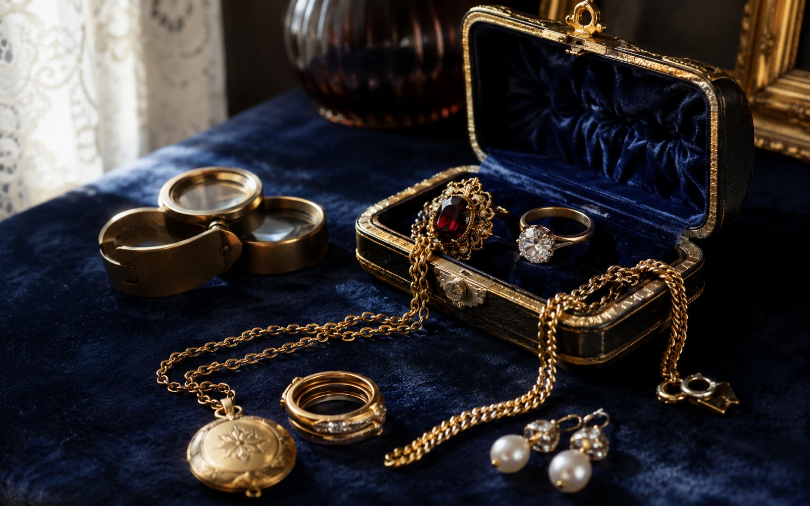 Familienschmuck mit Brillantring, Granatbrosche und Goldkette auf Samt-Tableau in einer Oberhausener Wohnung in Sterkrade, Bewertungslupe daneben.