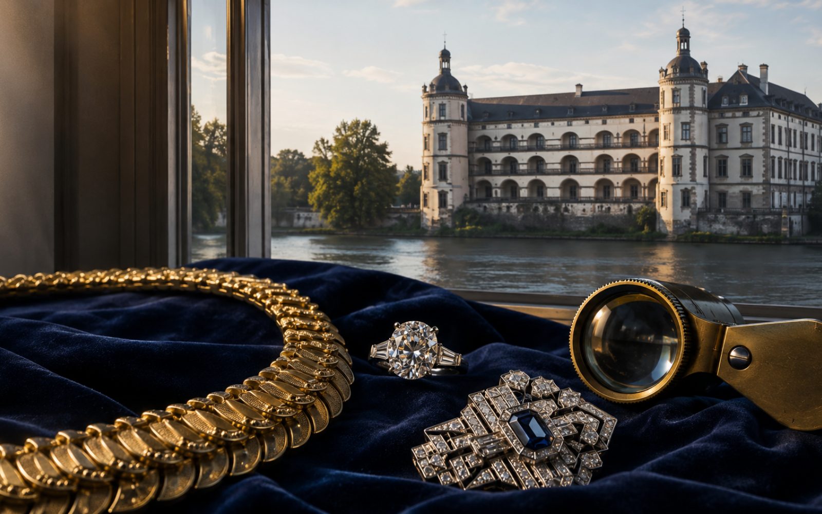 Brillantcollier, antike Goldbrosche und Markenschmuck mit Cartier-Punze auf dunklem Samt-Tableau, fotografiert fuer die Vorabeinschaetzung aus Offenbach-Bieber, Bewertungslupe und Tageslicht.