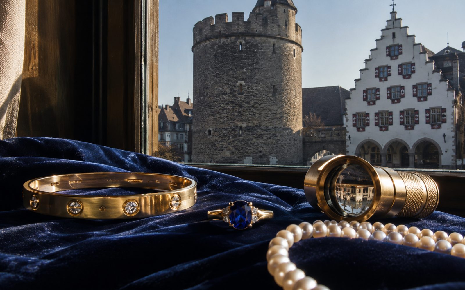Brillantcollier, antike Goldbrosche und Markenschmuck mit Cartier-Punze auf dunklem Samt in einer Ratinger Villa in Hösel, Bewertungslupe und Tageslicht.