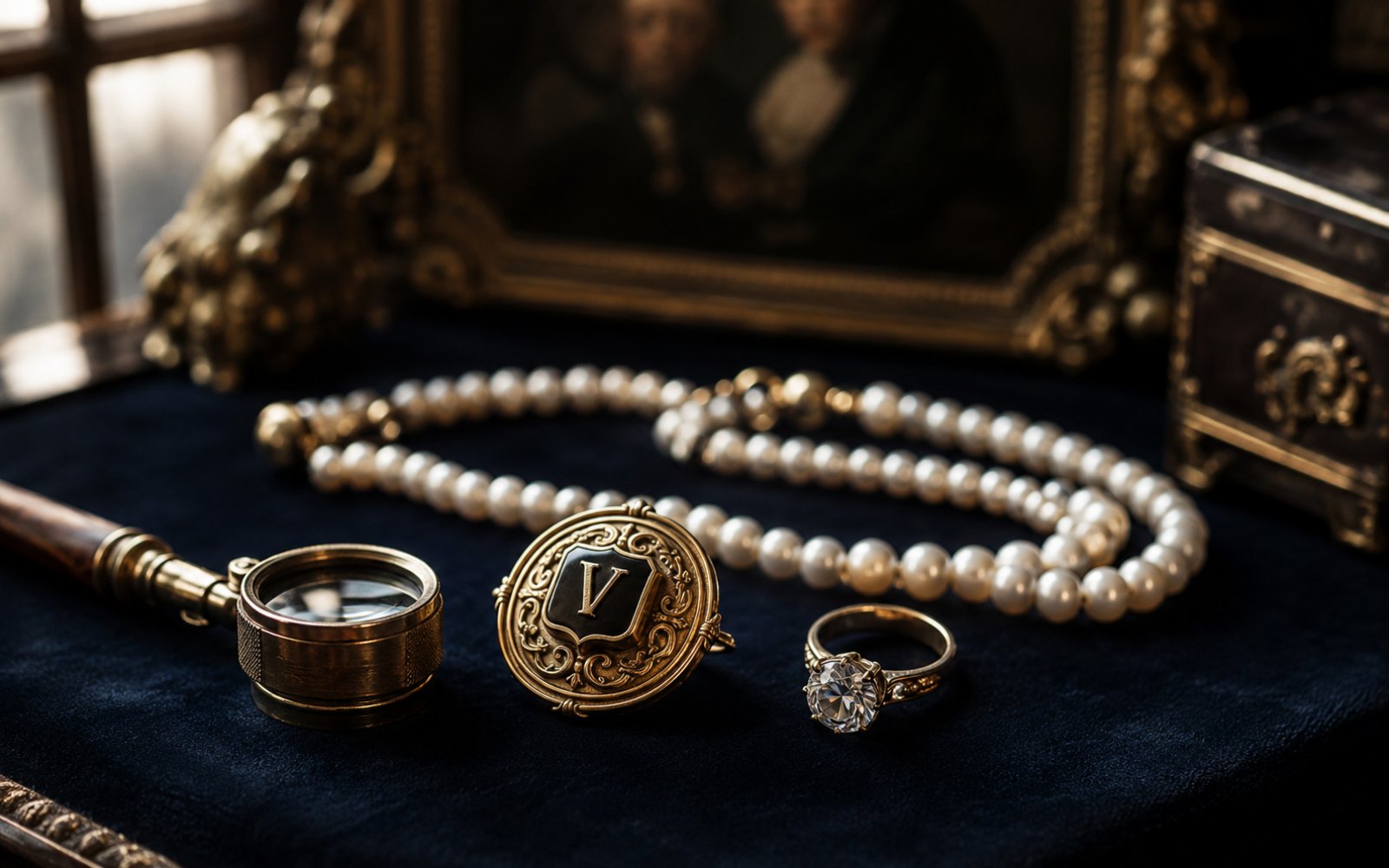 Antike Vest-Brosche, Perlencollier und Brillantring auf Samt-Tableau in einem Recklinghausener Bürgerhaus, Bewertungslupe daneben.